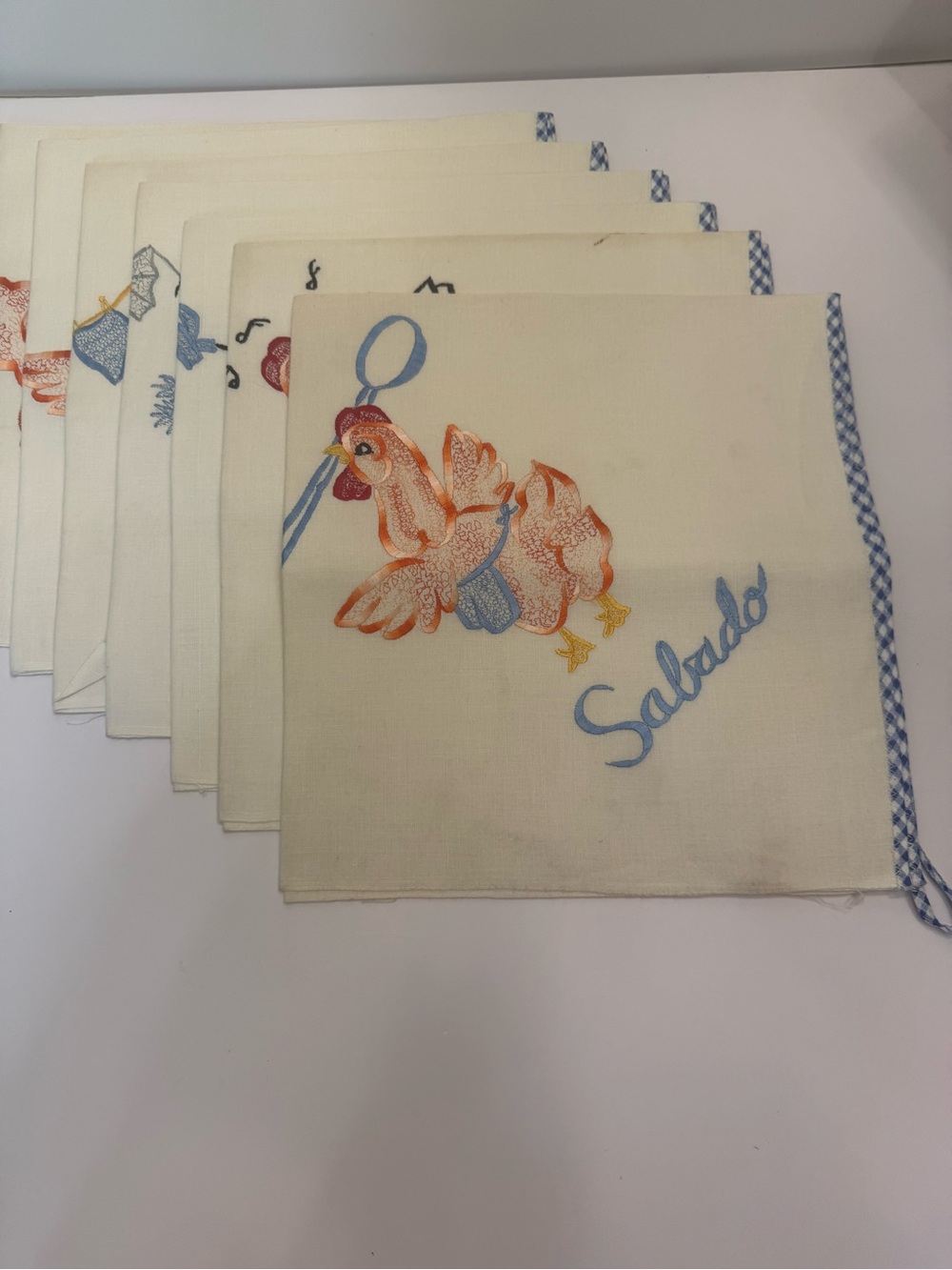 Vintage Embroidered Chicken Kitchen Towels Days of the Week in Spanish Blue Trim